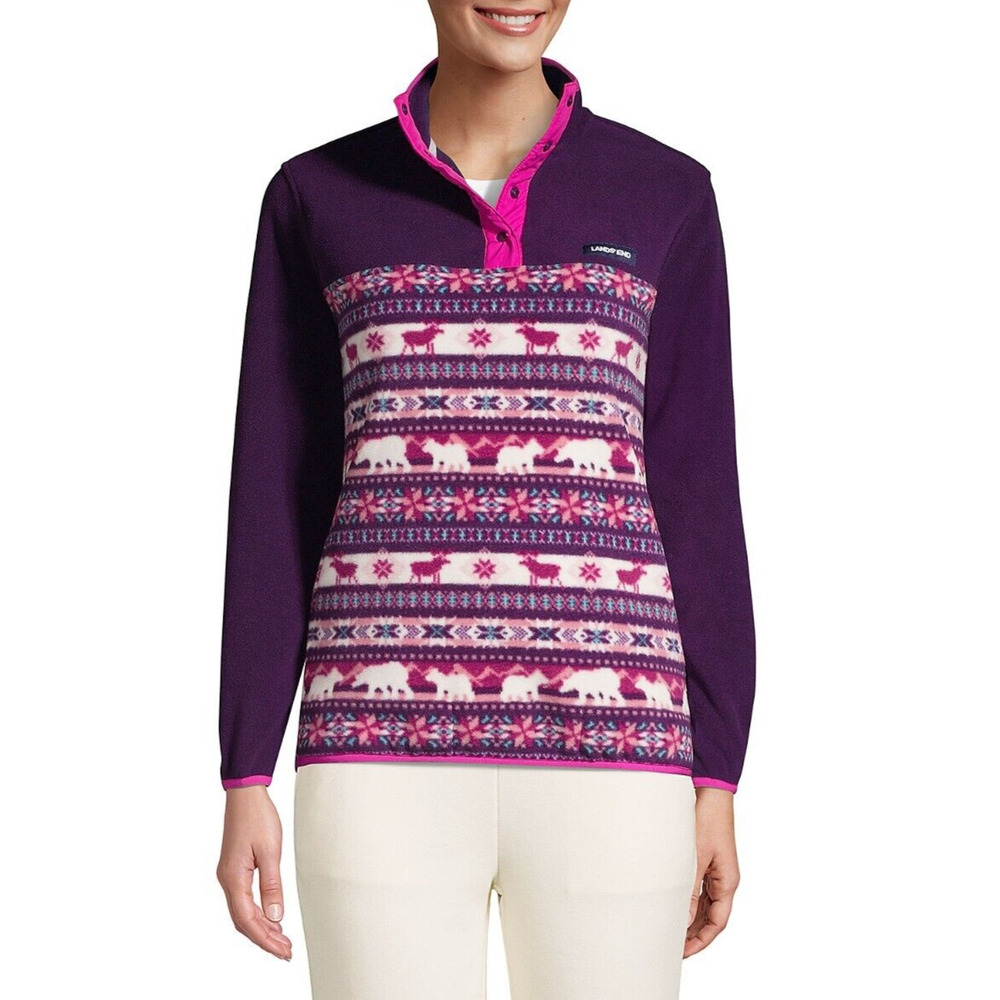 Lands End Women's Fleece Pullover Purple Pink Ivory Cream Fairisle size M